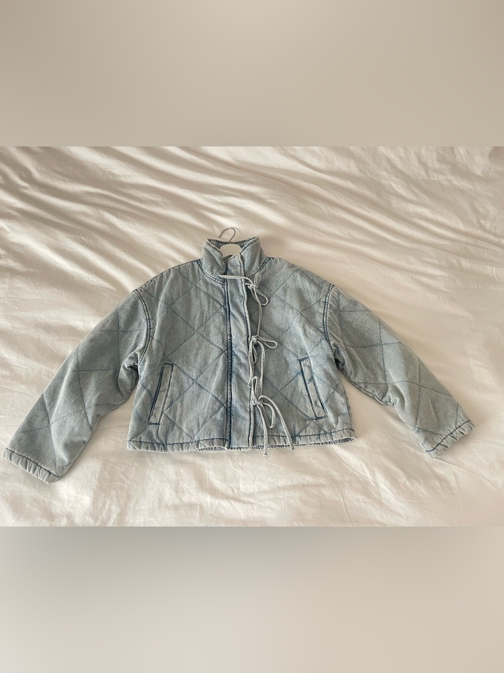 J.O.A. Light Blue Quilted Tie-Front Jean Jacket